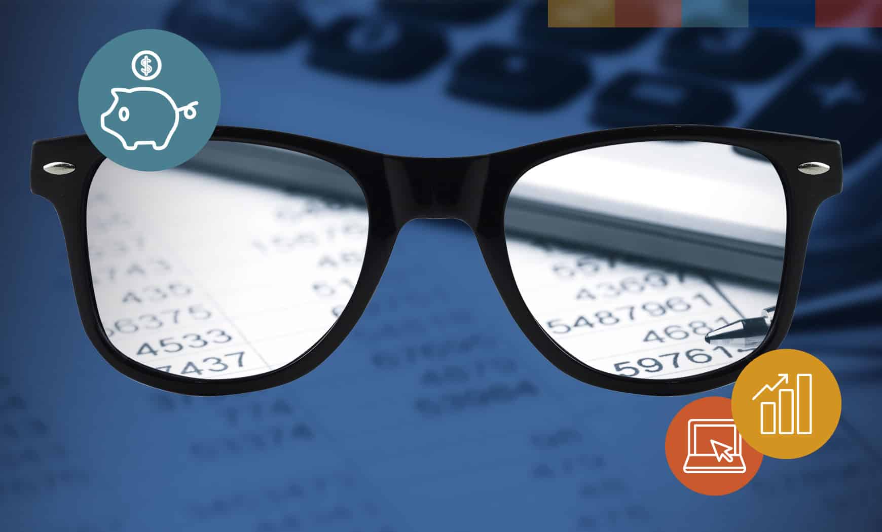 24-150-1446-BBR-Oct-PorchGraphics2024 budget for marketing annually visual featuring glasses reflecting a list of numbers with iconography showing a graph, laptop, and piggy bank.