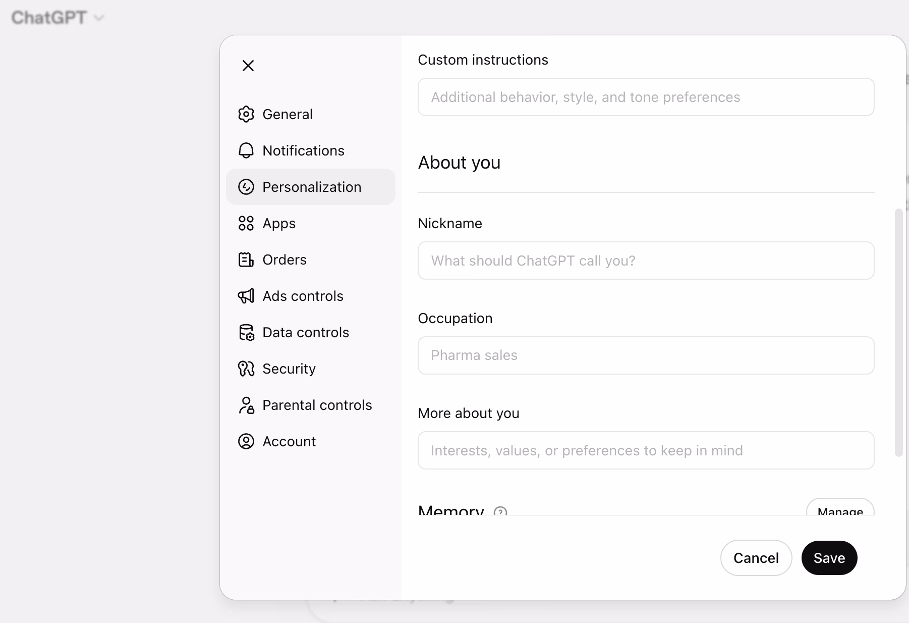 ChatGPT Personalization Screen